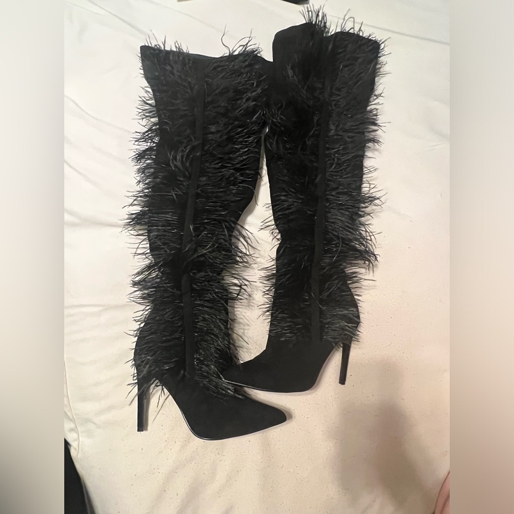 Black feathered knee high boots only worn once